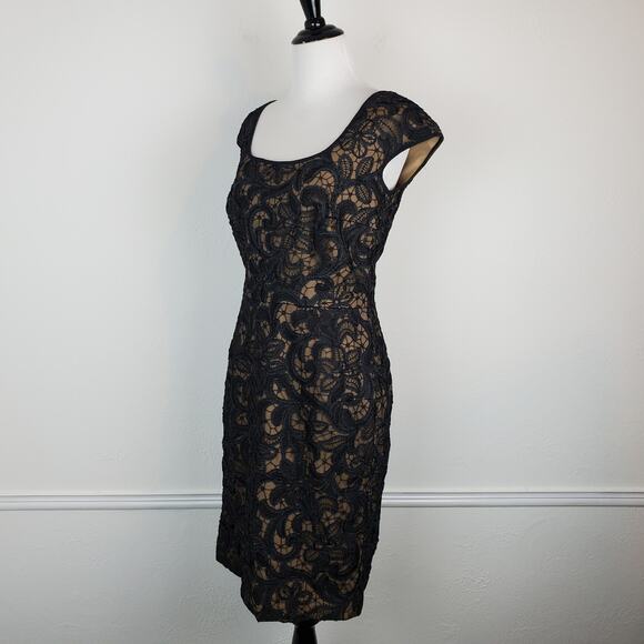 T by Tadashi Dress Lace Paisley Applique Mesh Cocktail Formal Black Tan Size 6 - Picture 2 of 13